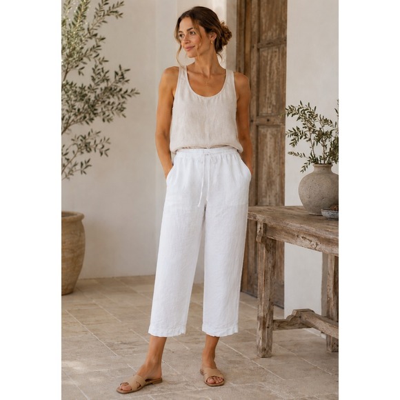 Charter Club Pants - Charter Club Luxury 100% Linen Crop Ankle Pants White Drawstring Lined Pockets M